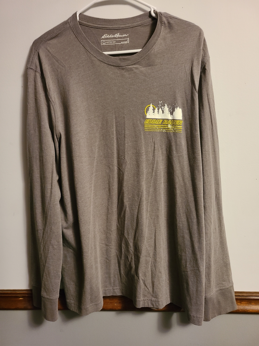 Eddie Bauer Gray Long Sleeve Tee with Yellow and White Logo